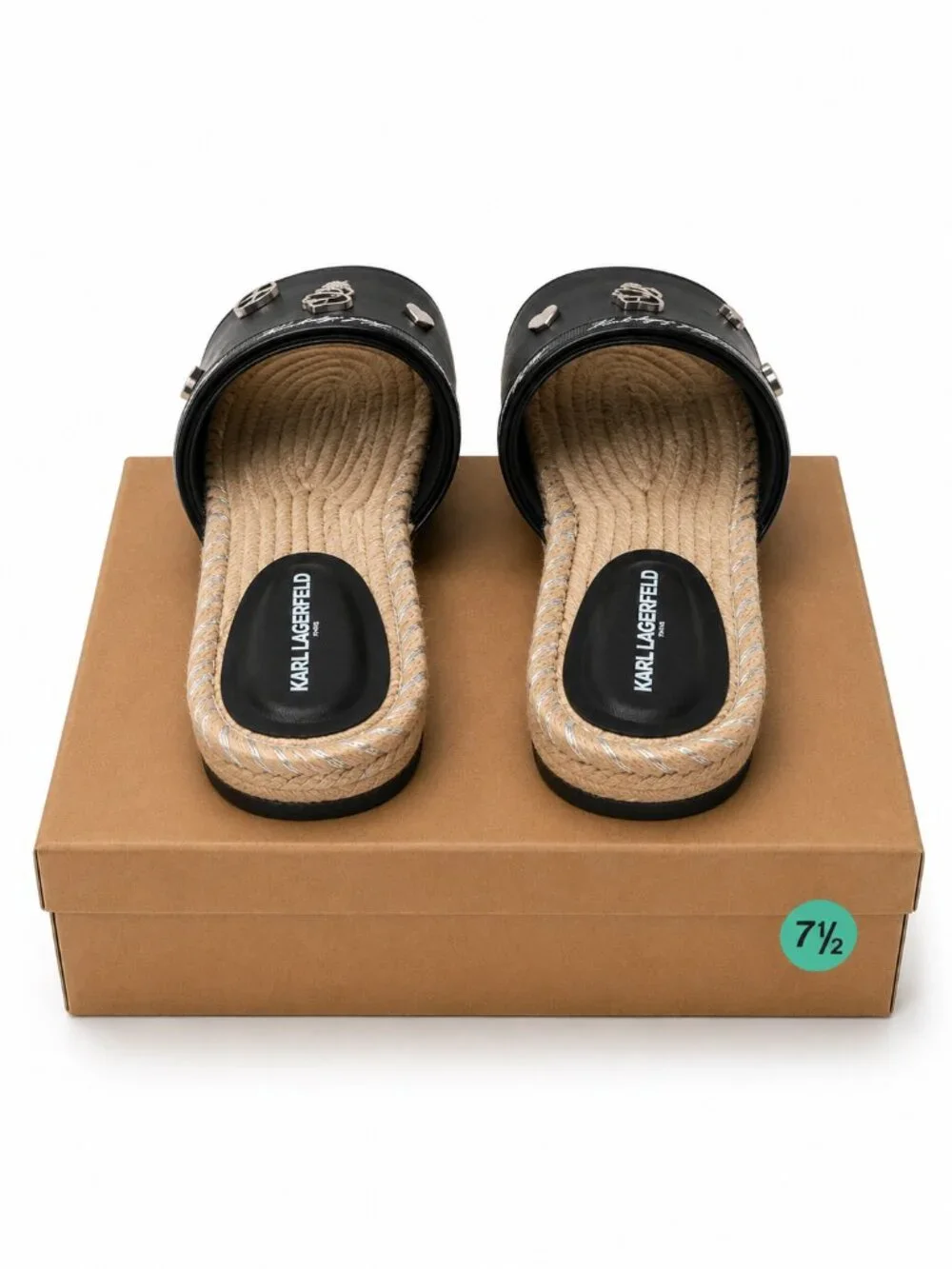 Karl Lagerfeld Paris Tulia Black Espadrille Slide Sandals Charms Womens 7.5 NEW